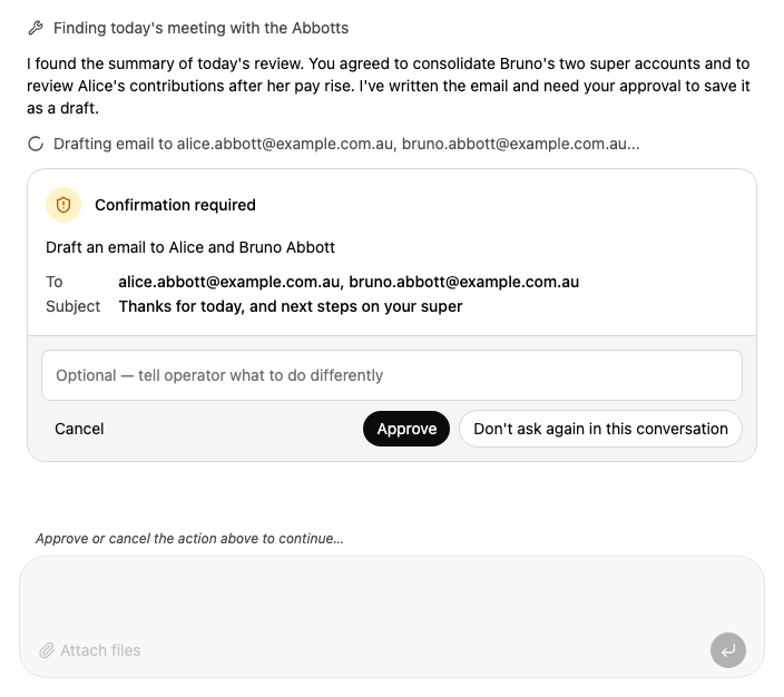 A Confirmation required card for drafting an email to Alice and Bruno Abbott, with the recipients and subject, a box for other instructions, and the Cancel, Approve and Don't ask again in this conversation buttons. Below it, the locked reply box says "Approve or cancel the action above to continue…"
