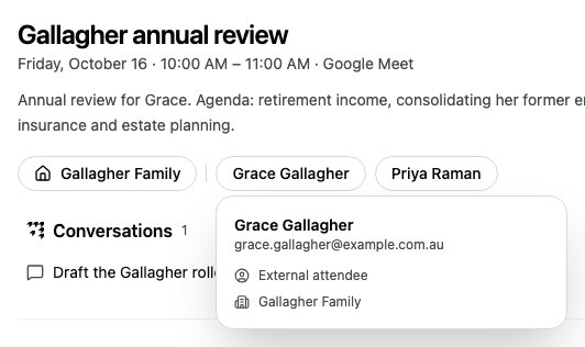 The header of the Gallagher annual review, with the details card for Grace Gallagher showing her email address, External attendee and Gallagher Family