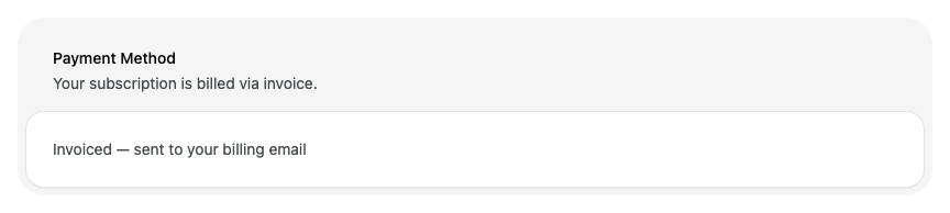 The Payment Method card for an invoiced subscription, saying Invoiced and sent to your billing email
