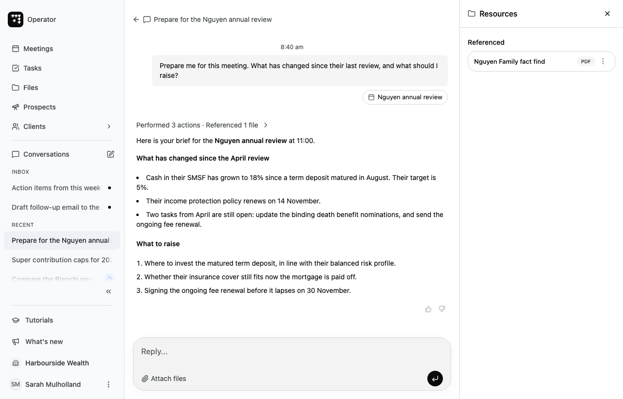 A finished conversation: the adviser's request with the Nguyen annual review meeting attached, the line "Performed 3 actions · Referenced 1 file", Operator's brief for the meeting, and a Resources panel on the right listing the Nguyen Family fact find