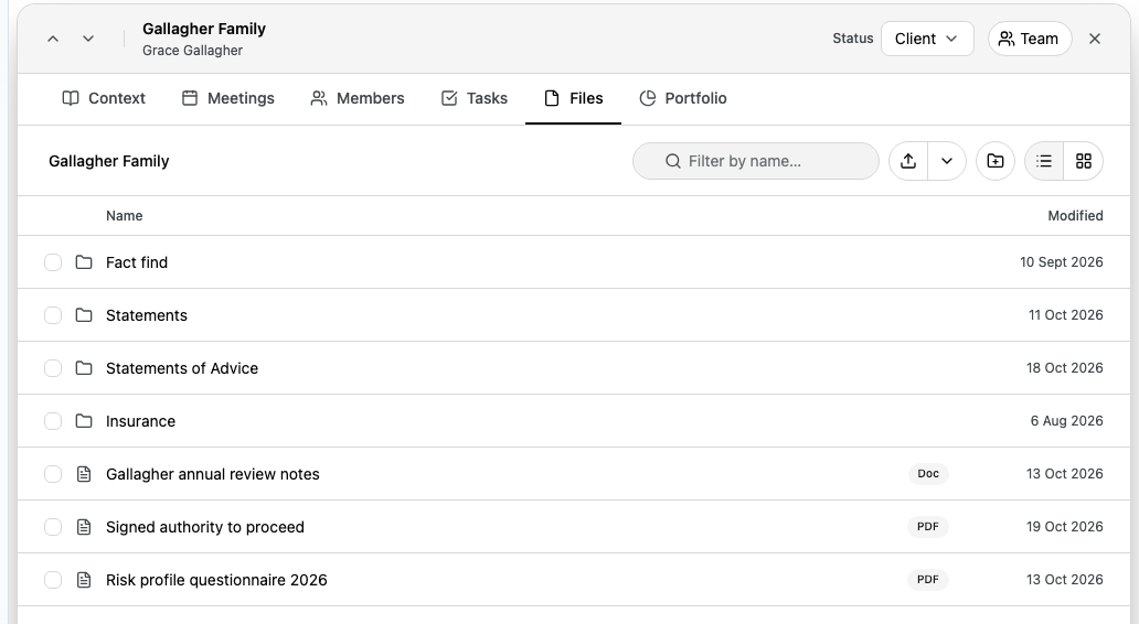 The Files tab for the Gallagher Family, listing four folders and three files in the household's data room