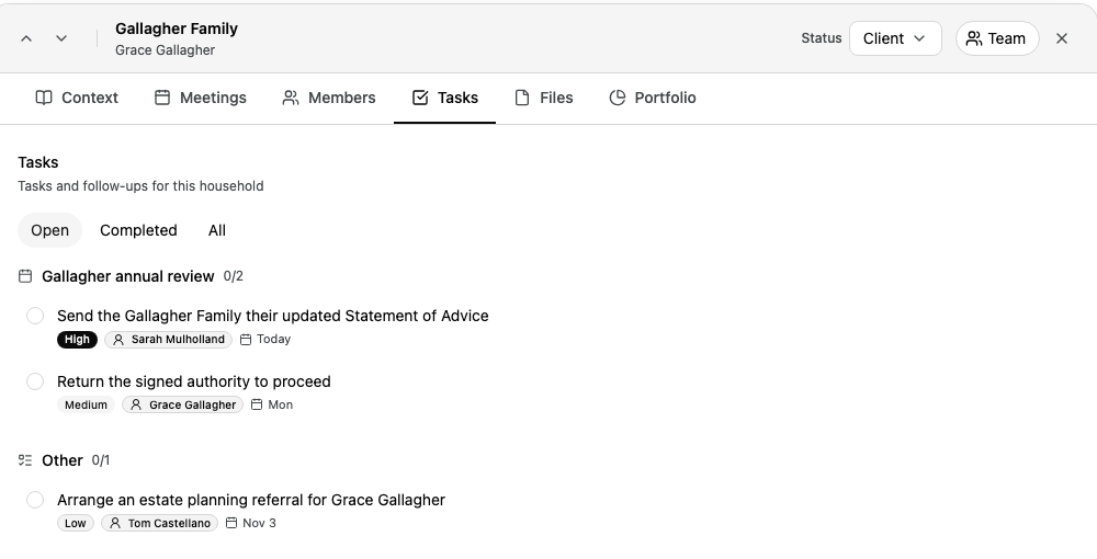 The Tasks tab for the Gallagher Family, with two open tasks under Gallagher annual review and one under Other