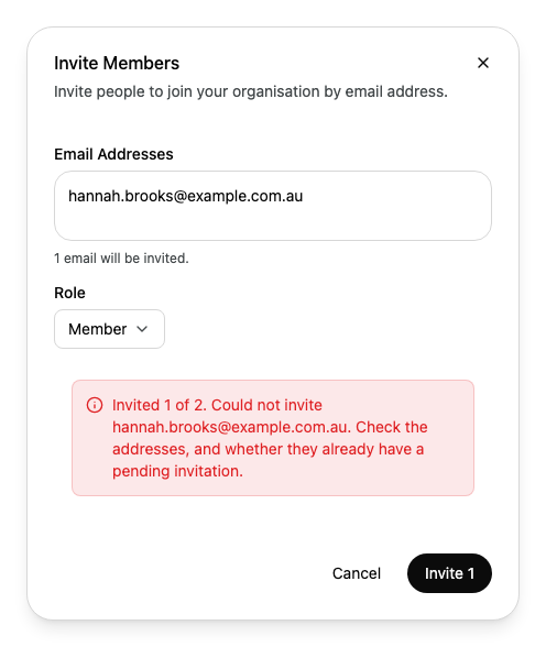 The Invite Members dialog showing Invited 1 of 2 and that hannah.brooks@example.com.au could not be invited, with that address left in the box