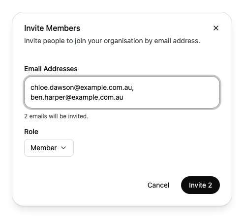 The Invite Members dialog with two email addresses entered, the message 2 emails will be invited, Member selected as the role, and an Invite 2 button