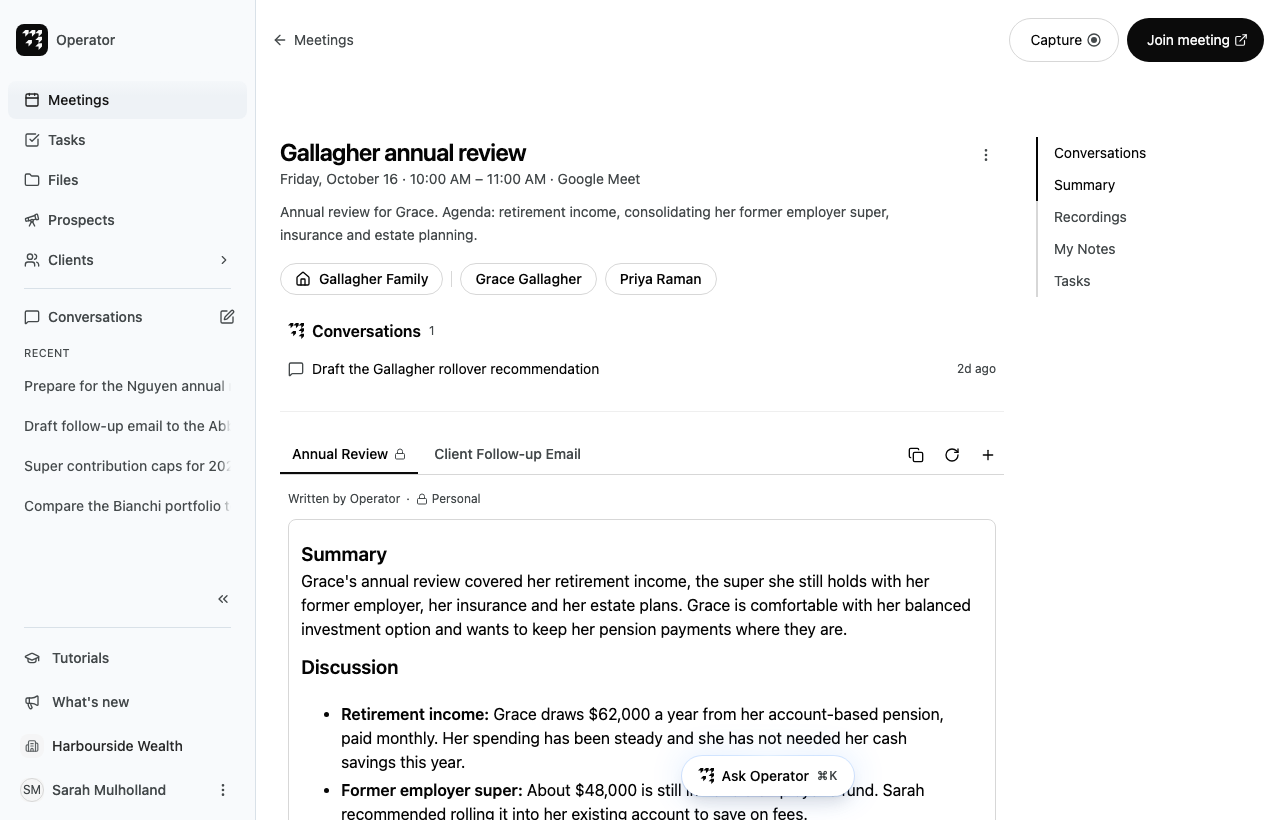 The meeting page for the Gallagher annual review, showing the Gallagher Family household, two attendees, a linked conversation and the Annual Review notes