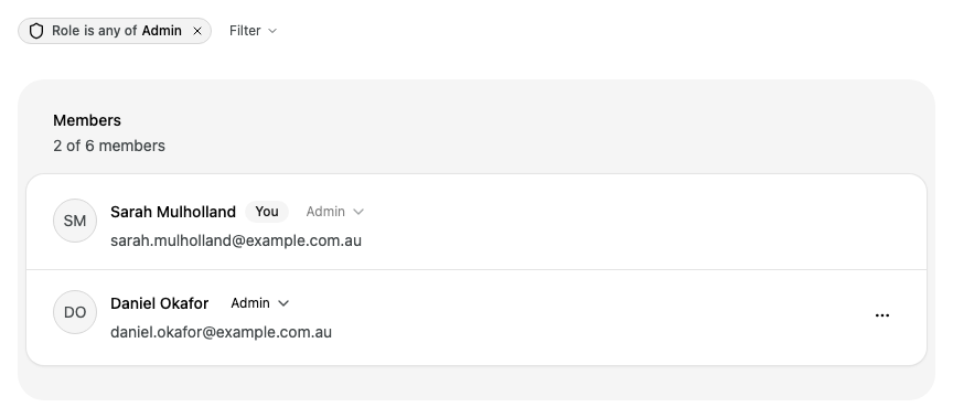 The Role is any of Admin filter above the Members list, which now shows 2 of 6 members