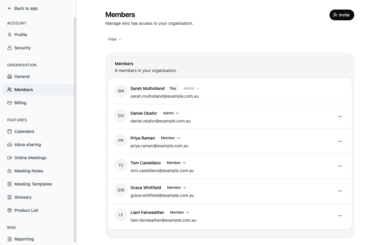 The Members page listing six people with their roles, an Invite button at the top right, and Sarah Mulholland marked You