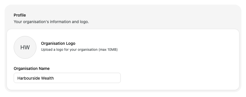The Profile card on the Organisation page, showing the organisation logo placeholder and the Organisation Name field set to Harbourside Wealth