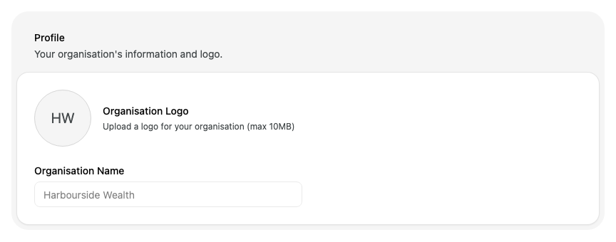 The Profile card as a member sees it, with the Organisation Name field greyed out