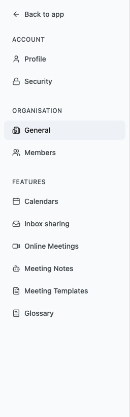 The settings menu as a member sees it, with General and Members under Organisation and no Billing or Product List