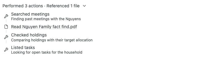 The expanded list of steps: Searched meetings, Read Nguyen Family fact find.pdf, Checked holdings and Listed tasks, each with a short note